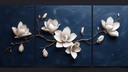 Craft a modern triptych featuring white 3D magnolia flowers on a dark blue canvas, showcasing an elegant and stylish design