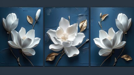 Generate a visually elegant triptych with white 3D magnolia flowers on a dark blue background, ideal for modern and sophisticated interior decor