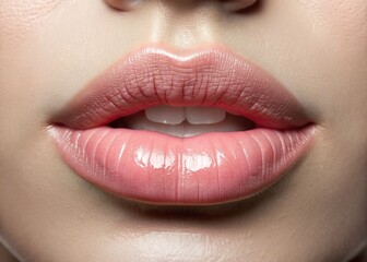 Fototapeta premium Close-up of plump, soft, and inviting lips coated with a subtle layer of white lip gloss, accentuating their natural pink hue and delicate curves.