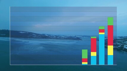 Bar chart animation over serene coastal landscape with blue sky and water - Powered by Adobe
