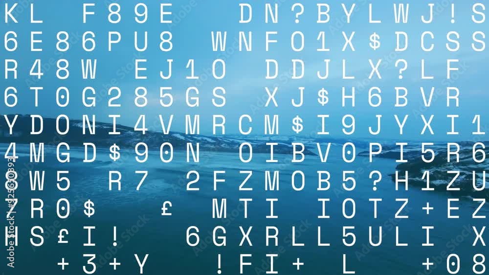 Poster animating random alphanumeric characters over serene ocean landscape