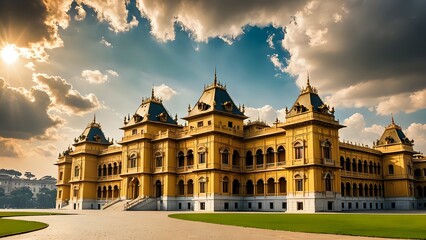 Naklejka premium A majestic yellow palace with intricate details and a grand entrance, bathed in the warm glow of a setting sun.
