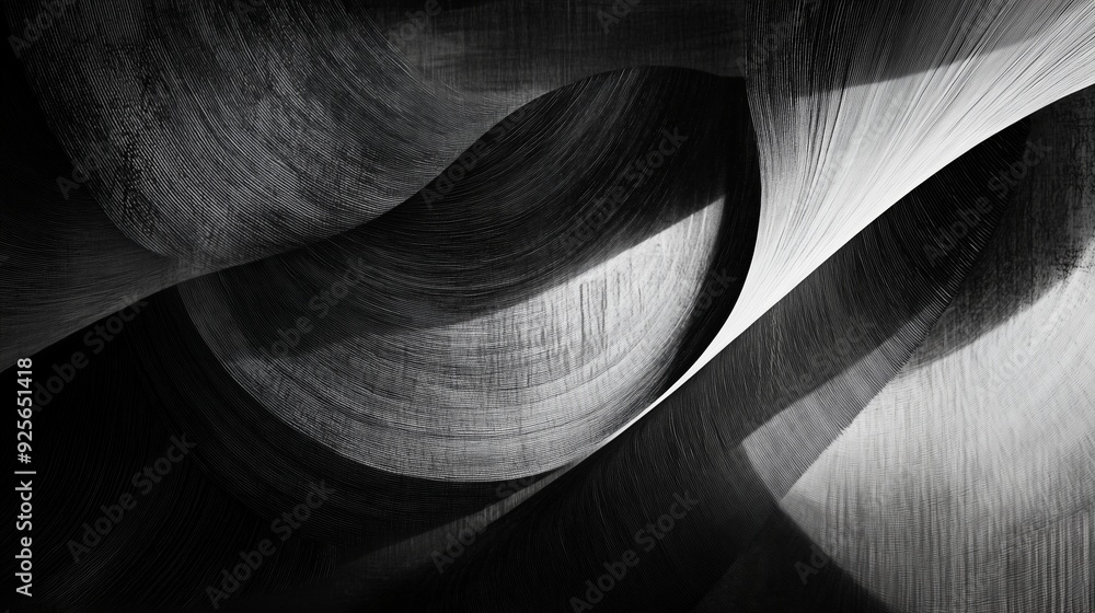 Poster abstract black and white curves create dynamic patterns in a textured design studio