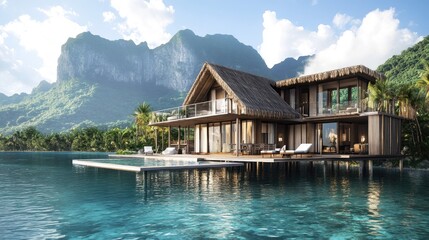 Fototapeta premium Overwater bungalow with stunning mountain backdrop