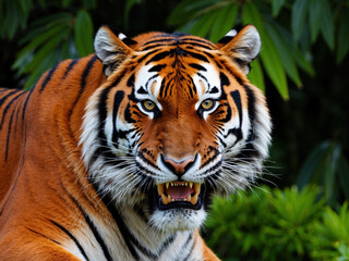 Naklejka premium A close-up of a fierce tiger's face, showing its intense gaze, sharp teeth, and vibrant orange fur with black stripes, set against a lush green background.