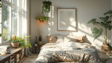 Cozy bedroom with an empty frame on the nightstand
