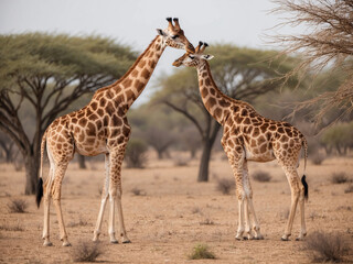 Obraz premium A pair of giraffes standing tall in the middle of a dry acacia forest, their long necks reaching up to the treetops to feed on leaves.