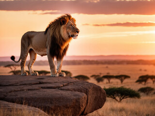 A majestic lion standing on a rocky outcrop, overlooking the savannah at sunset, with the golden light highlighting its mane. © BNMK0819