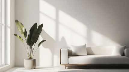 living room, soft natural light, single potted plant, clean lines