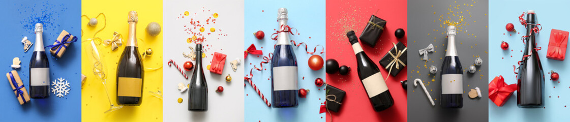 Collage with champagne and Christmas decorations on color background, top view © Pixel-Shot