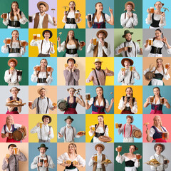 Collage of many people celebrating Octoberfest on color background