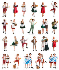 Set of people with beer celebrating Octoberfest on white background