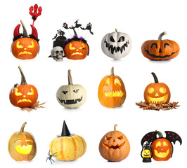 Set of many Halloween pumpkins on white background