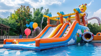 Inflatable slide with cartoon-shaped pool It consists of a water slide, trampoline and water chute designed with balloon tubes.