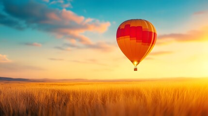 Fototapeta premium Tranquil Balloon Landing in Field, Signifying Journey's End - Soft Descent with Ample Copy Space for Text Overlay