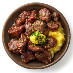a bowl of meat and potatoes with a side of chives