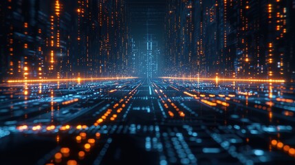 Obraz premium A computer generated image of a cityscape with a blue sky and orange lights. The image is of a futuristic city with a lot of technology and a sense of motion