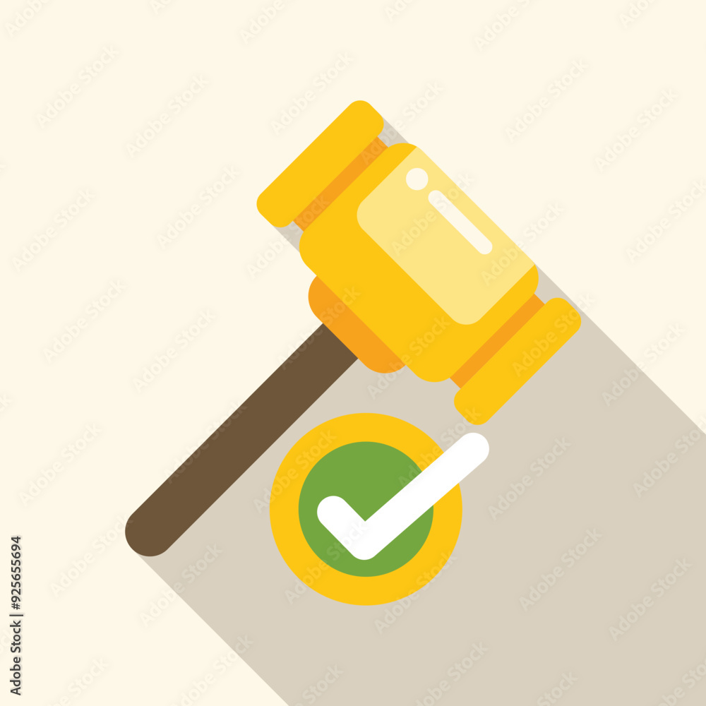 Poster flat vector icon of a judge gavel giving approval with a check mark symbol