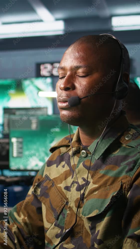 Poster vertical video army telecommunication systems operator using radio gear, providing combat support, d