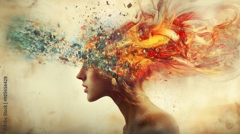 Aufkleber a surreal representation of creativity exploding from a woman's mind, blending vibrant colors and ab
