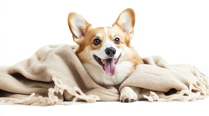 A happy corgi dog peeks out from under a blanket, looking up with a playful smile and tongue out.
