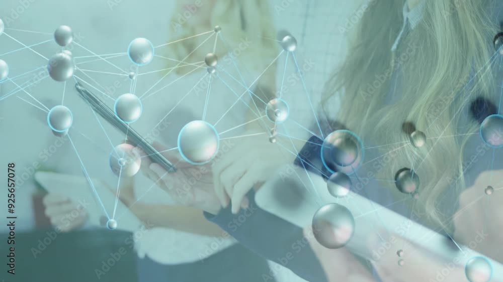 Poster network of connections and data processing animation over people using tablets