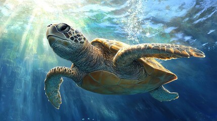 Fototapeta premium A sea turtle swimming in the ocean with sunbeams shining down through the water.