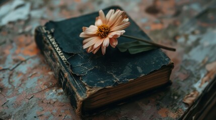 A flower with a worn-out book.
