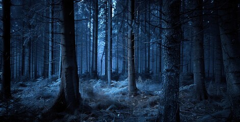 Fototapeta premium A mystical, blue-tinted forest scene at night, featuring tall trees and dense underbrush illuminated by subtle light.