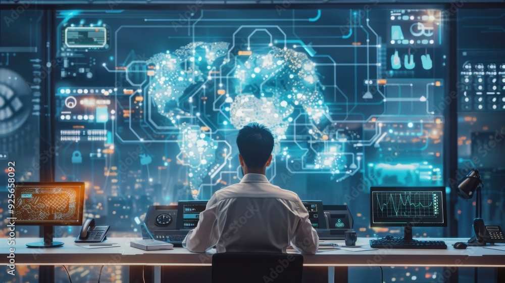 Aufkleber a futuristic workspace with smart ai systems integrated into everyday tasks, demonstrating the syner