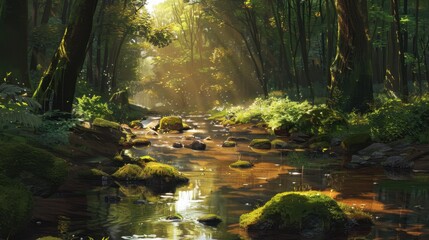 Obraz premium A gentle stream flowing through a forest, with sunlight dappling the water and moss-covered rocks.