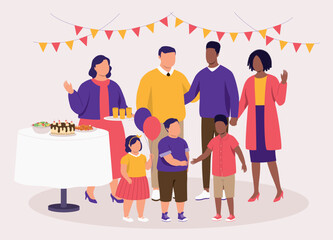 Fototapeta premium Families With Different Ethnic Celebrating A Birthday Party Together. Plus Size Family Inviting Their Black Neighbour To Celebrate Their Kids Birthday Party Together.