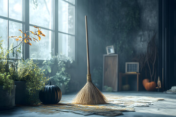 A traditional Halloween broomstick but redesigned with a modern, aerodynamic look, resting in a futuristic witch’s living room