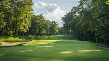 A golf course fairway with a strategically placed bunker and a distant green, emphasizing the layout.