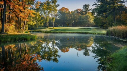 Fototapeta premium A golf course water hazard with a reflective pond and surrounding foliage, creating a scenic view.