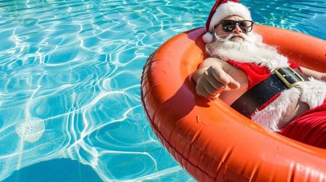 Santa Claus Enjoys Summer Vacation, Relaxing in a Pool with an Orange Inflatable Ring