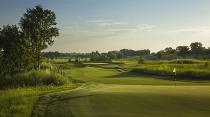 A golf fairway with a well-defined path and a series of flags marking different holes.