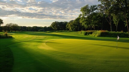 A golf fairway with a well-defined path and a series of flags marking different holes.
