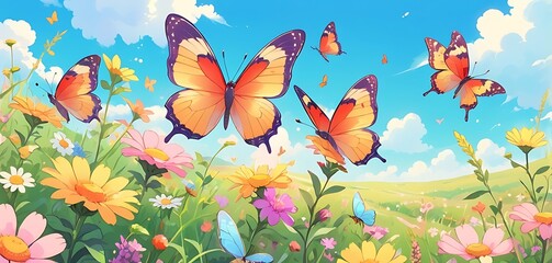 Bright Butterflies and Sunny Meadows A lively background with bright butterflies and sunny meadow flowers.