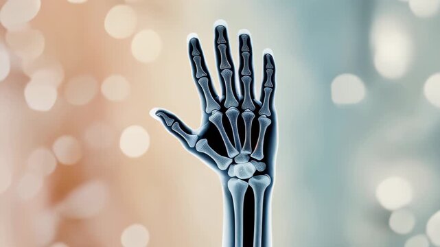 A digital X-ray style rendering of a human hand raised with all five fingers extended, showcasing the skeletal structure. The background is softly blurred with warm tones and bright, glowing orbs
