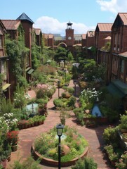 Naklejka premium Shiroi Koibito Factory Garden: Located in Otaru, Hokkaido, Japan, this garden imitates the medieval British Tudor-style architecture. The ground is covered with a red brick atrium, fountains and stree