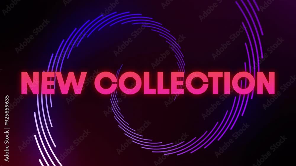 Poster new collection text animation over swirling neon lines on dark background