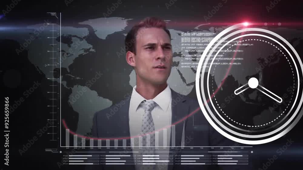 Poster businessman with world map and clock animation over financial data visualization