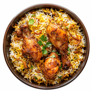 a bowl of chicken birya rice with a side of vegetables