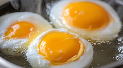 Poached eggs being gently placed in simmering water