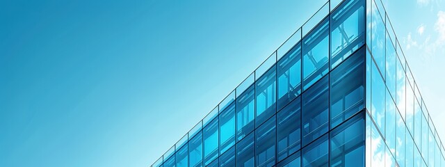 Fototapeta premium A tall building with a blue sky in the background. The building is made of glass and has a modern design