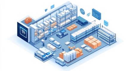 an isometric illustration of a smart warehouse management system with emphasis on inventory control. with IoT devices