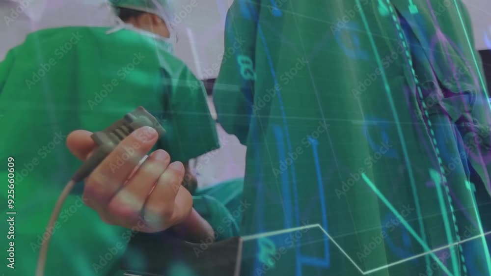 Poster surgeons in operating room with medical data processing animation overlay
