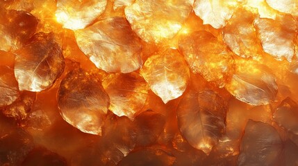 Golden autumn leaves layered together in warm light