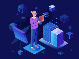 a businessman  with holding digital virtual hologram Earth, finance statistics, business data, representing global technologies concept